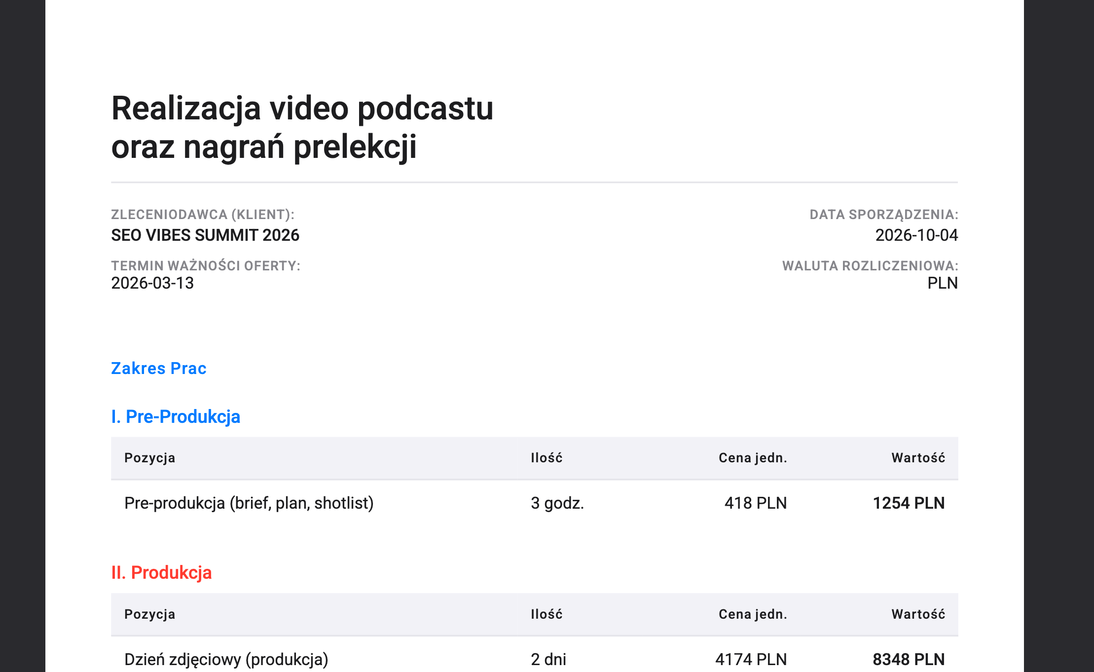 Przykładowa oferta PDF dla klienta — zakres prac i kosztorys