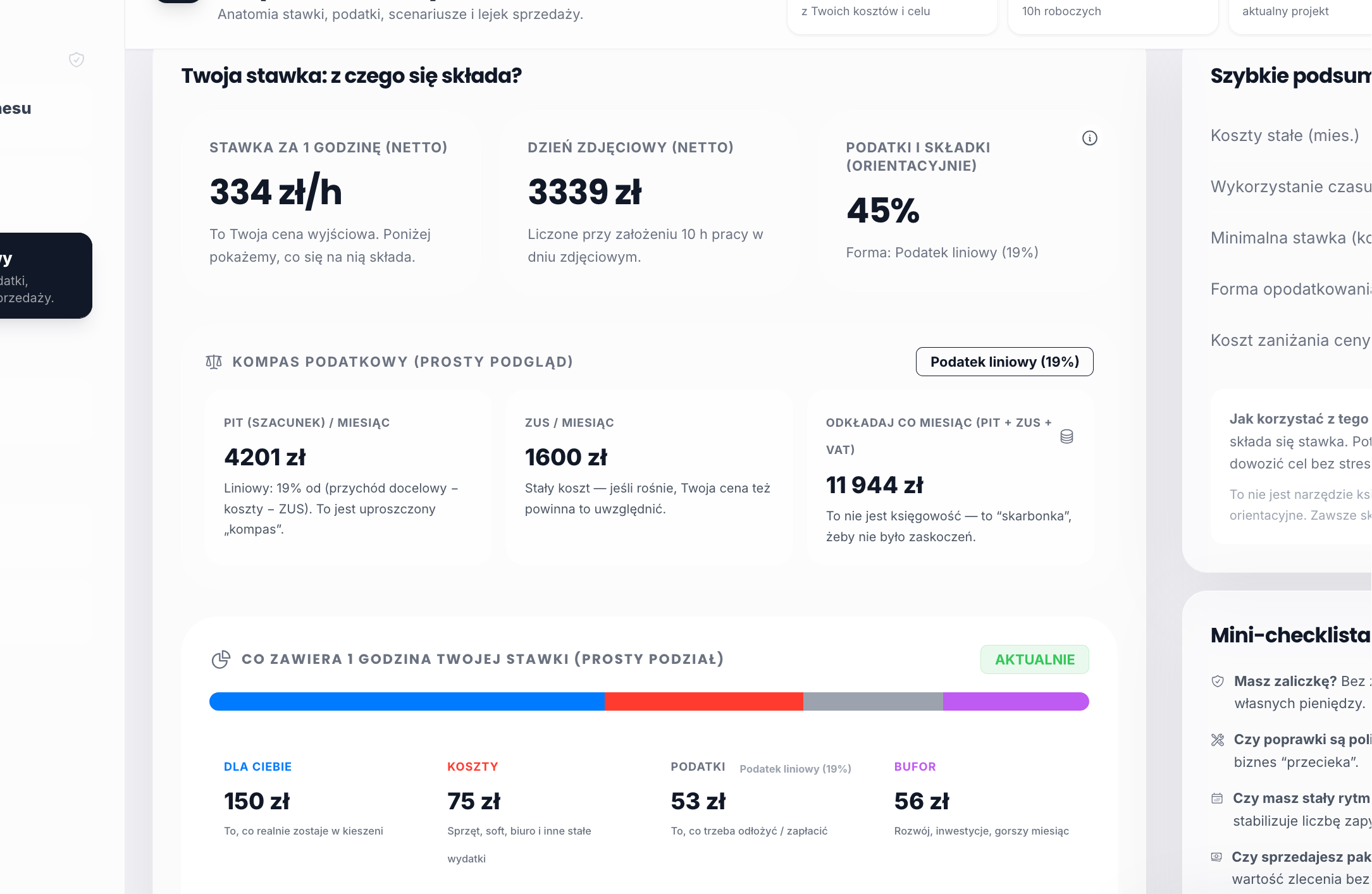 Flux — Dashboard: anatomia stawki, realnie na rękę, ile odkładać